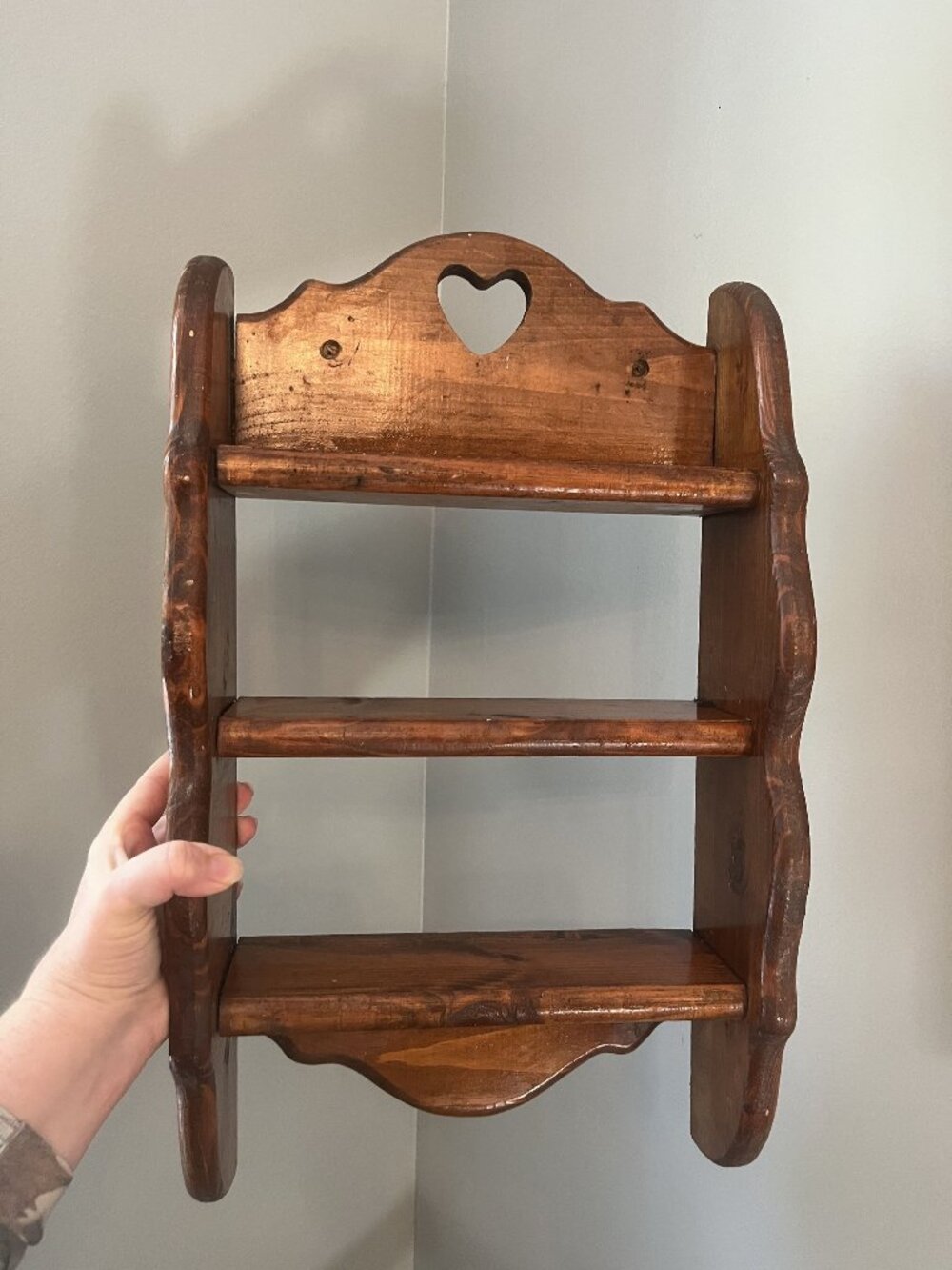 Handcrafted Wooden Hanging Wall Shelf With Heart Cutout & 3 Shelves - Rustic Vin